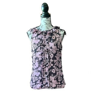 Milly New York women’s  black  floral sleeveless side zip silk blouse 6 mature